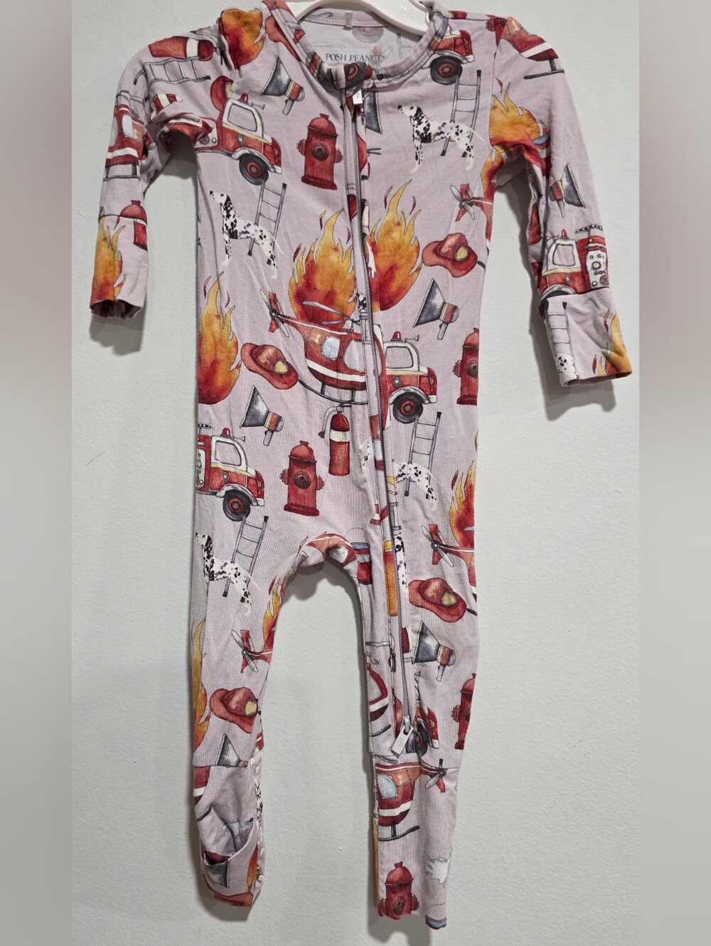 Posh Peanut Firefighter Print One-Piece Footie - Pink, Red
